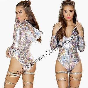 🆕⭐Silver metallic hooded bodysuit
